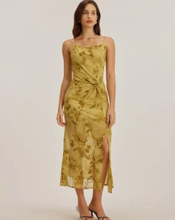 Green Floral Ruched Slip Midi Dress
