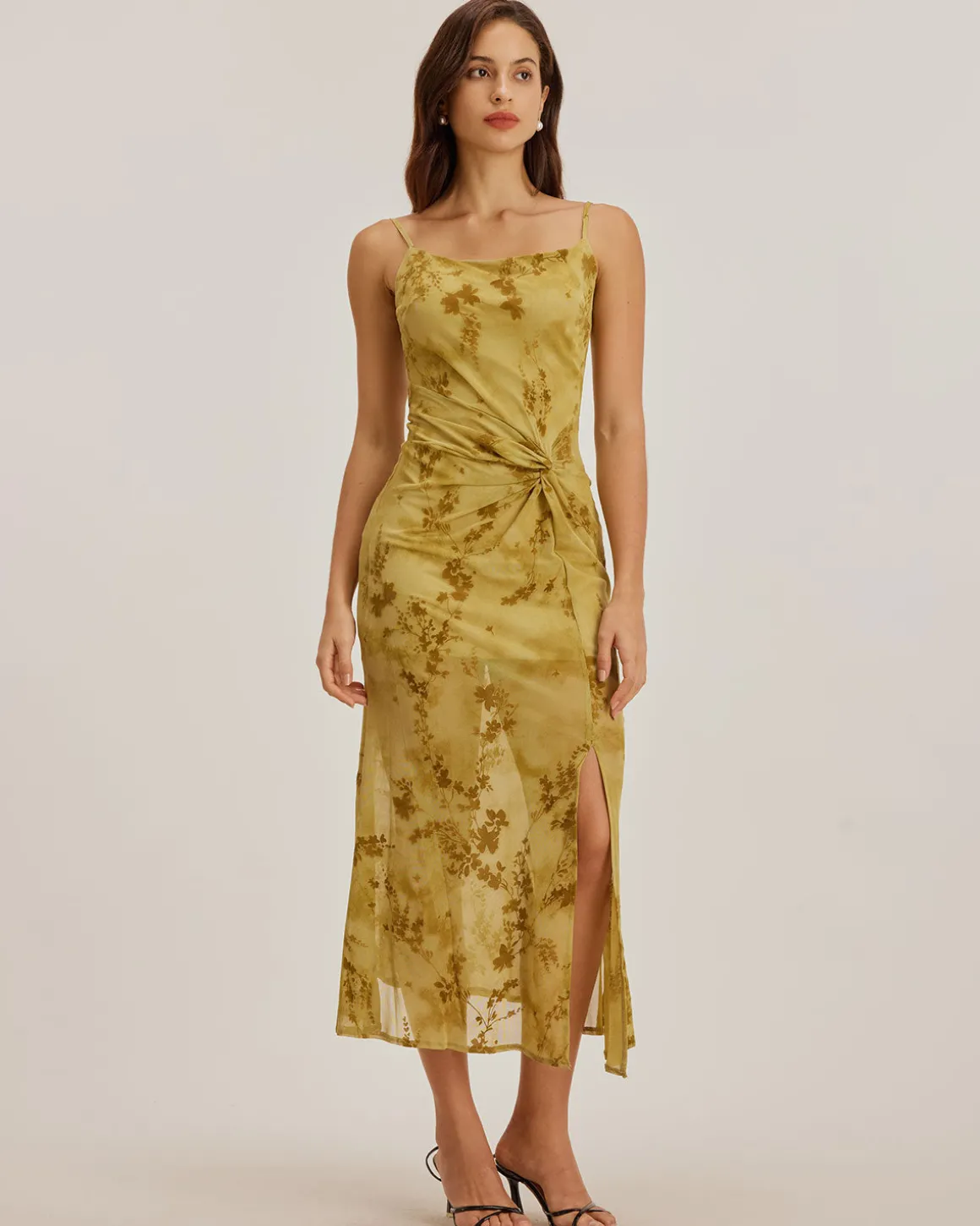 Green Floral Ruched Slip Midi Dress