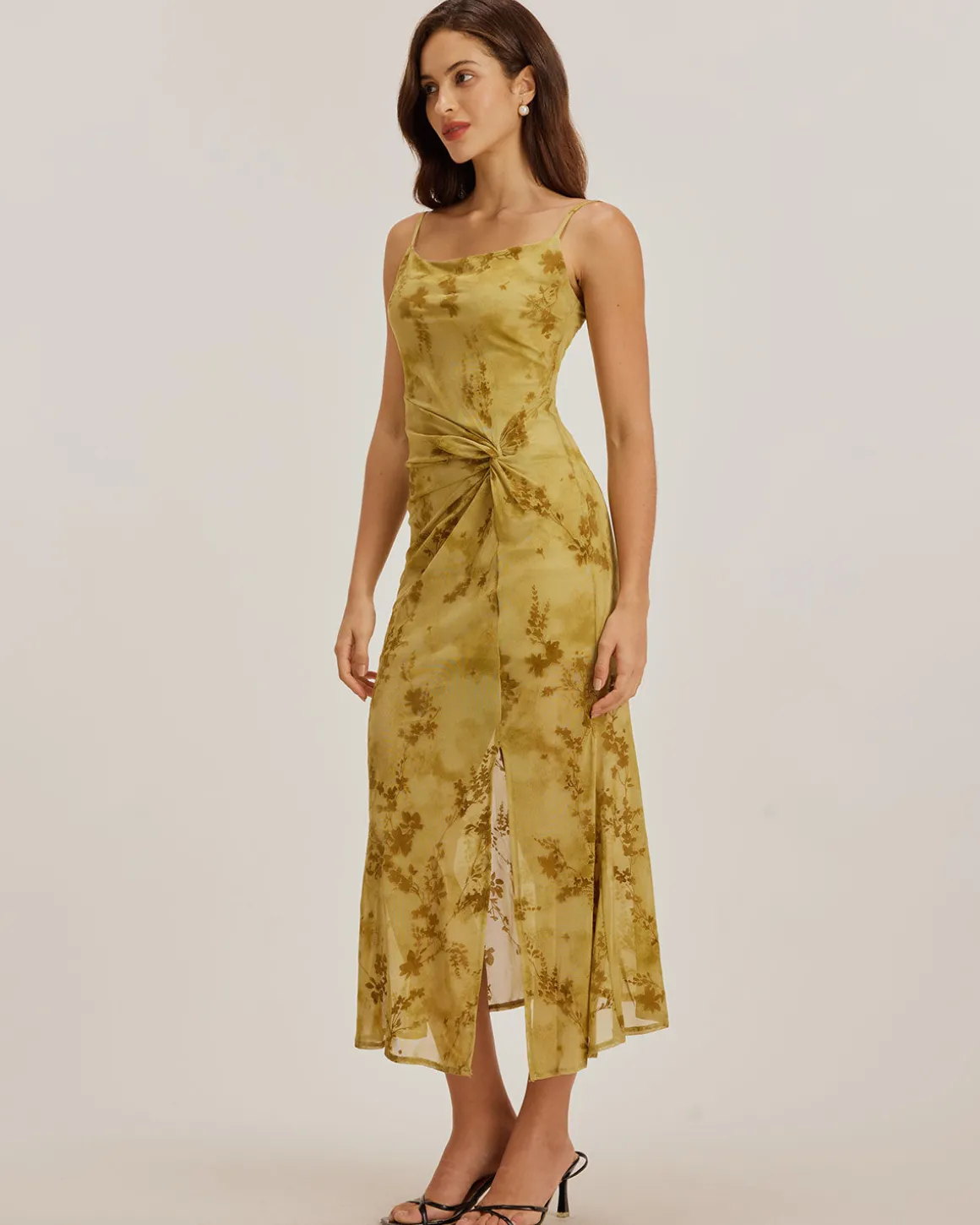 Green Floral Ruched Slip Midi Dress