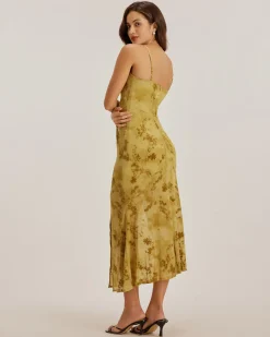 Green Floral Ruched Slip Midi Dress