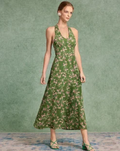 Green Floral Shirred Halter Maxi Dress