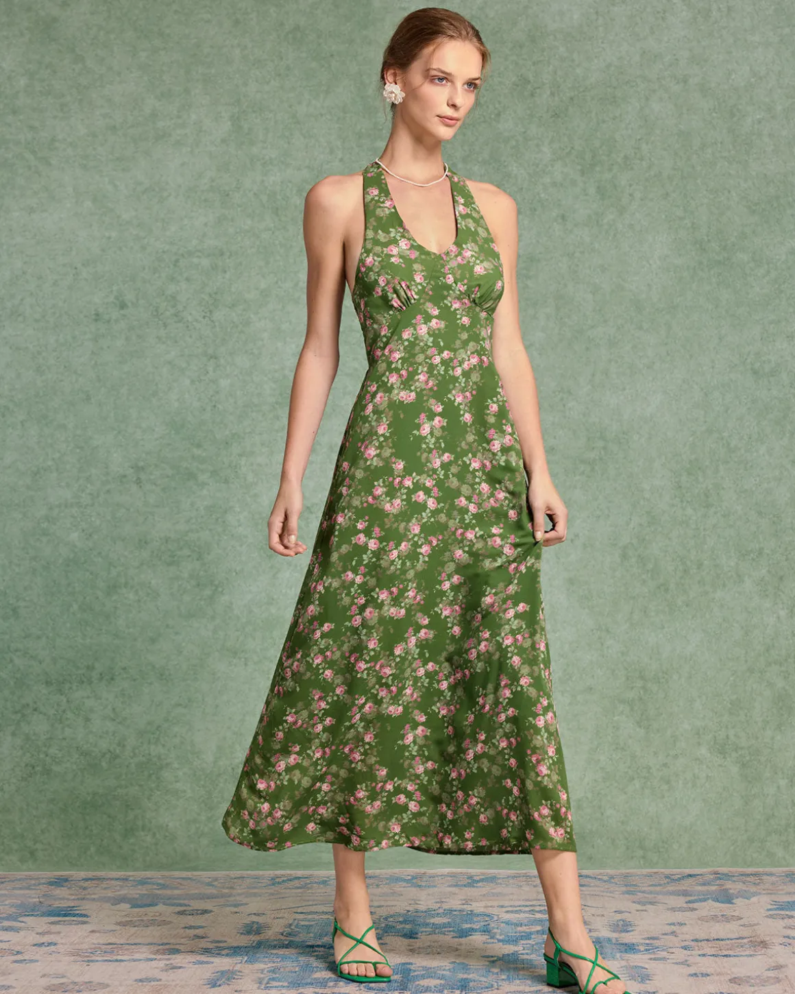 Green Floral Shirred Halter Maxi Dress