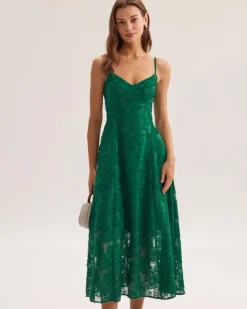 Green Floral Shirred Slip Midi Dress