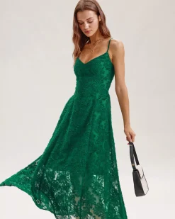Green Floral Shirred Slip Midi Dress