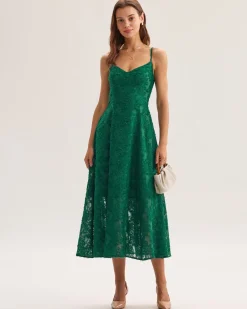 Green Floral Shirred Slip Midi Dress