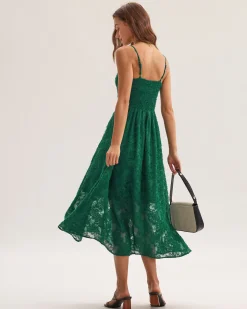 Green Floral Shirred Slip Midi Dress