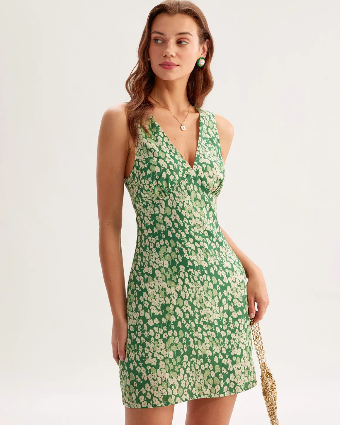 Green Floral Sleeveless Mini Dress