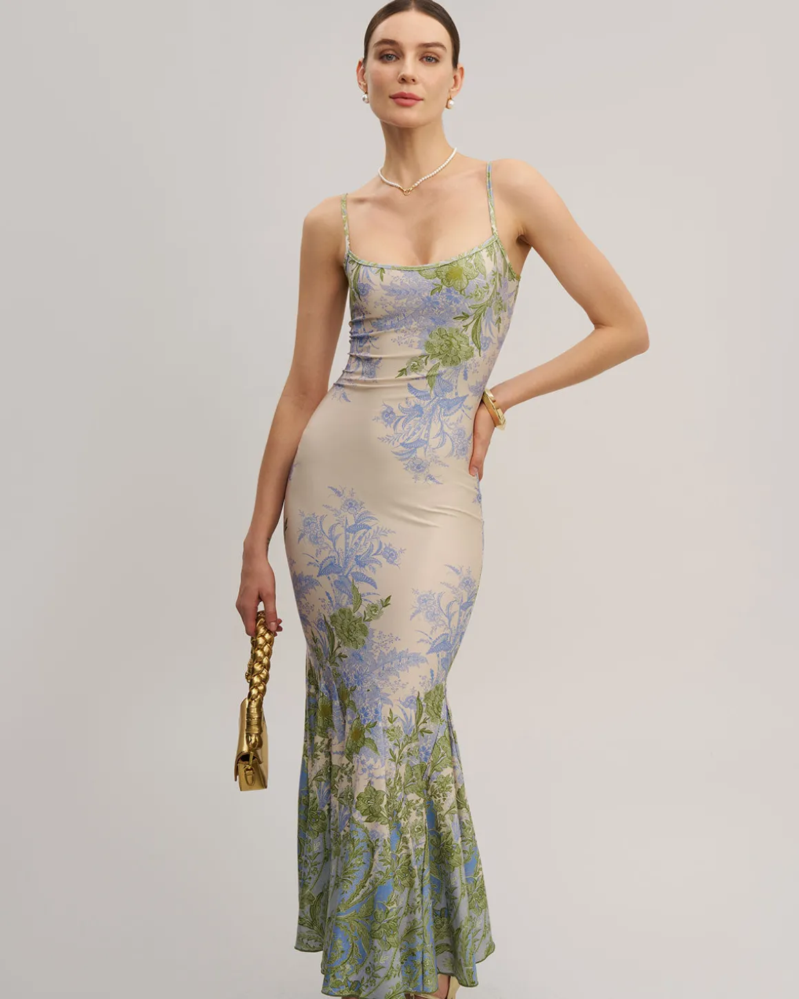 Green Floral Slip Mermaid Maxi Dress