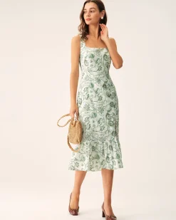 Green Floral Square Neck Midi Dress