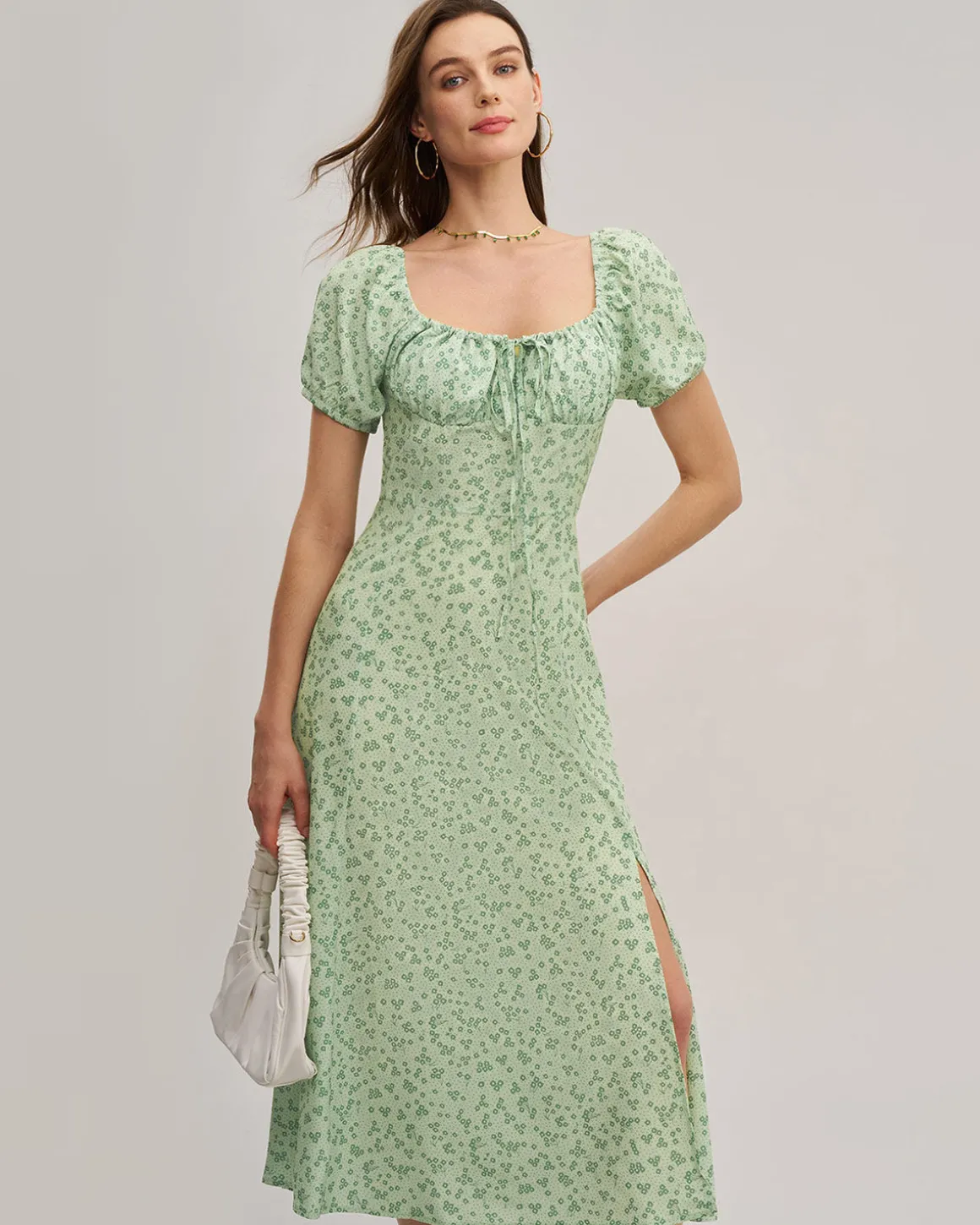 Green Floral Square Neck Puffed Sleeve Midi Dress