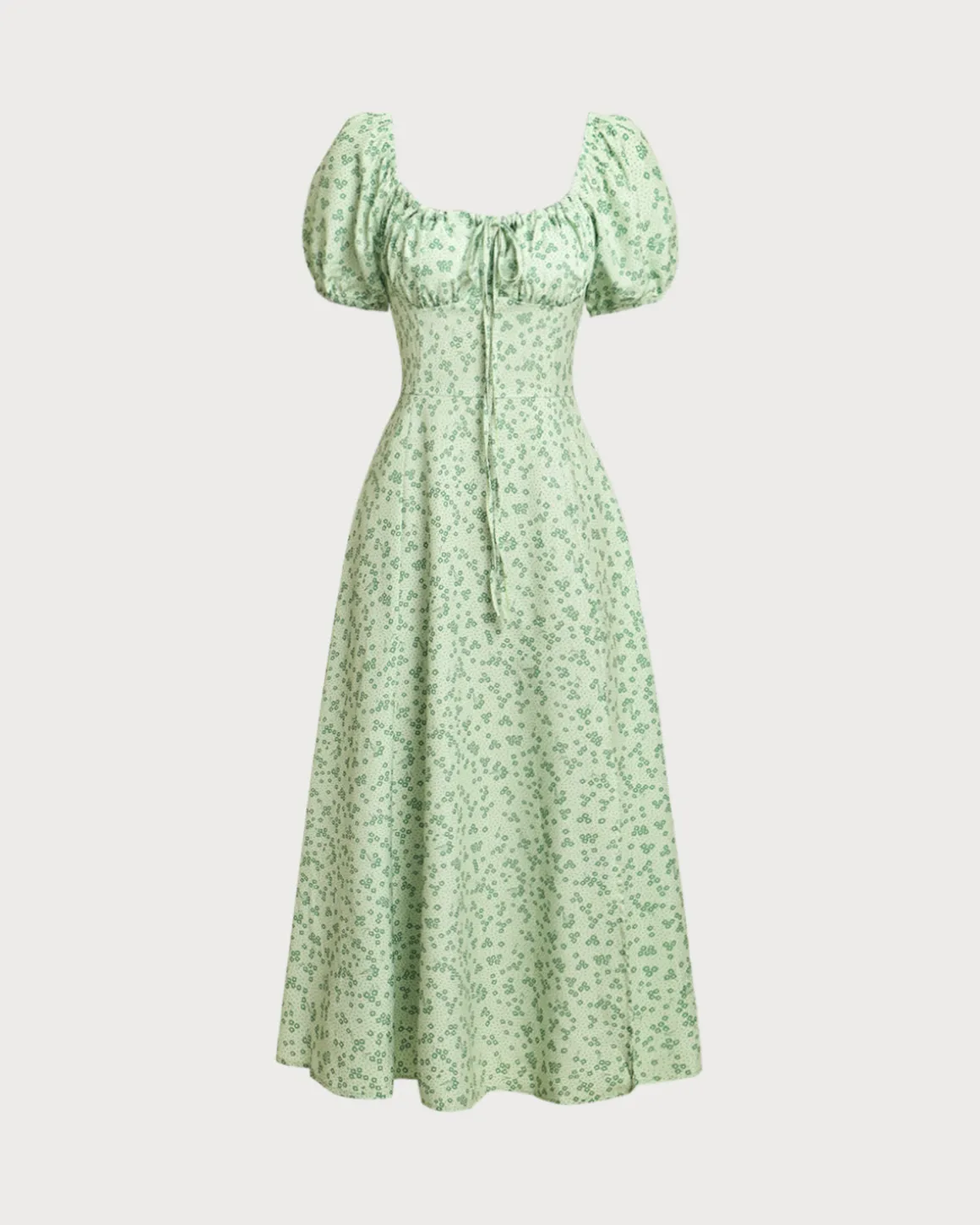 Green Floral Square Neck Puffed Sleeve Midi Dress