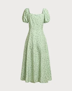 Green Floral Square Neck Puffed Sleeve Midi Dress