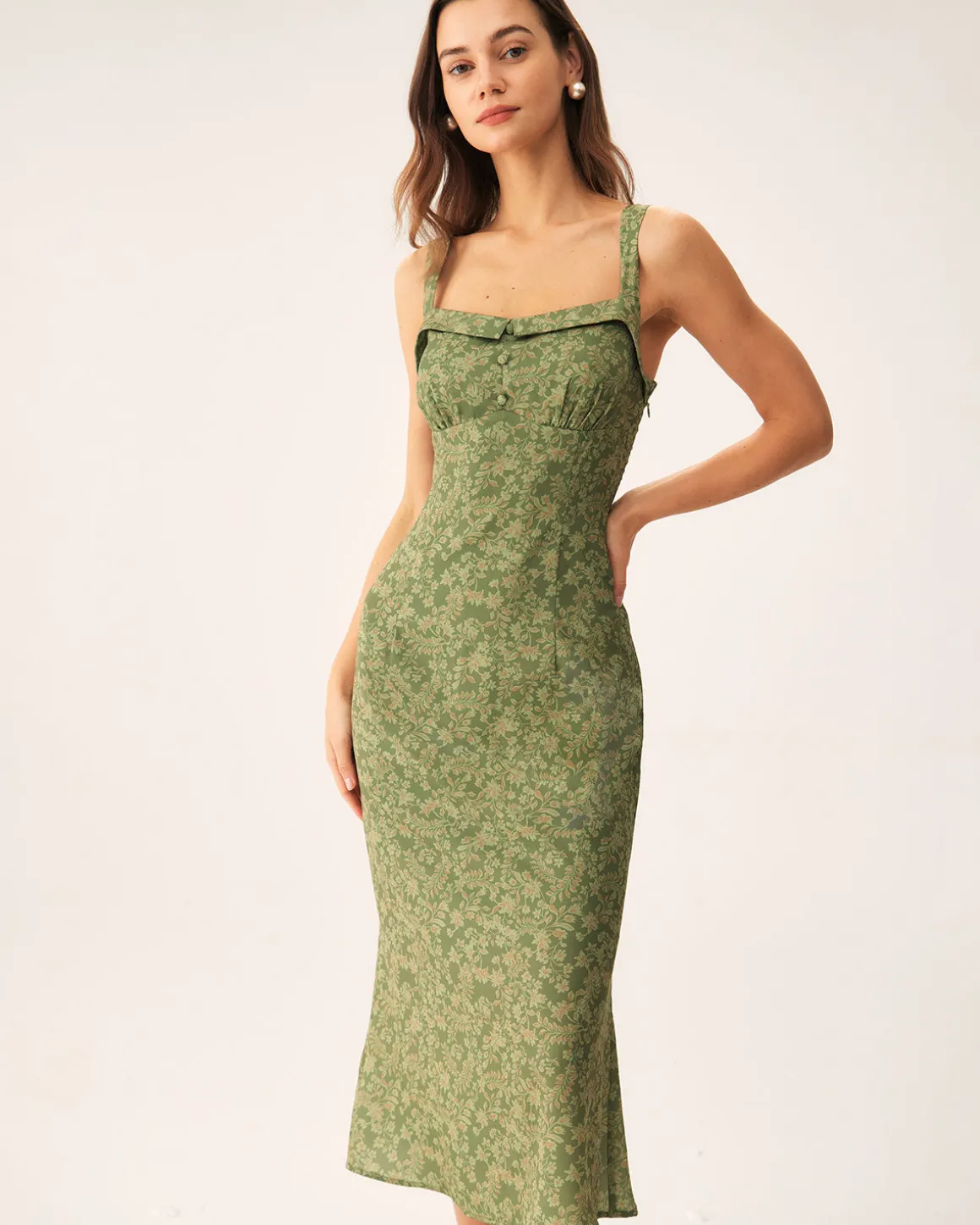 Green Floral Square Neck Slip Midi Dress