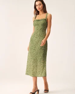 Green Floral Square Neck Slip Midi Dress