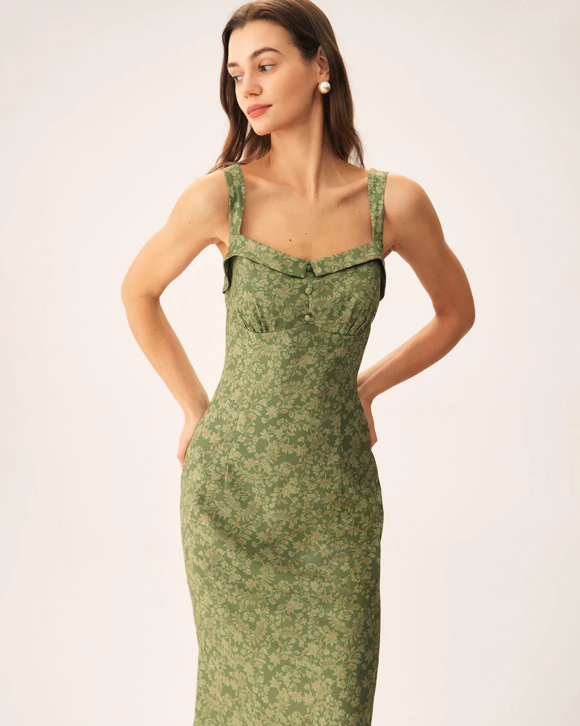 Green Floral Square Neck Slip Midi Dress