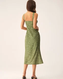Green Floral Square Neck Slip Midi Dress