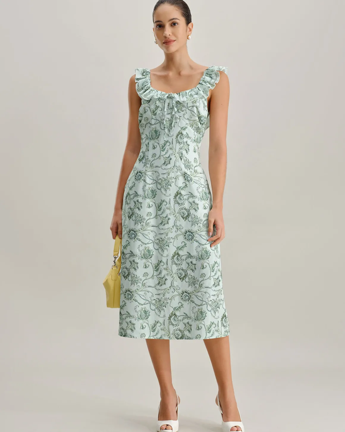 Green Floral Square Neck Ruched Midi Dress