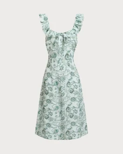 Green Floral Square Neck Ruched Midi Dress