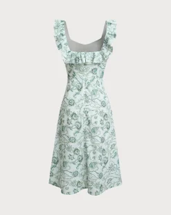 Green Floral Square Neck Ruched Midi Dress
