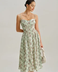 Green Floral Sweetheart Neck Pleated Slip Midi Dress