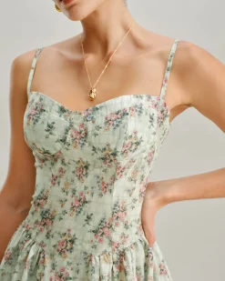 Green Floral Sweetheart Neck Pleated Slip Midi Dress