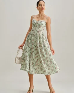 Green Floral Sweetheart Neck Pleated Slip Midi Dress