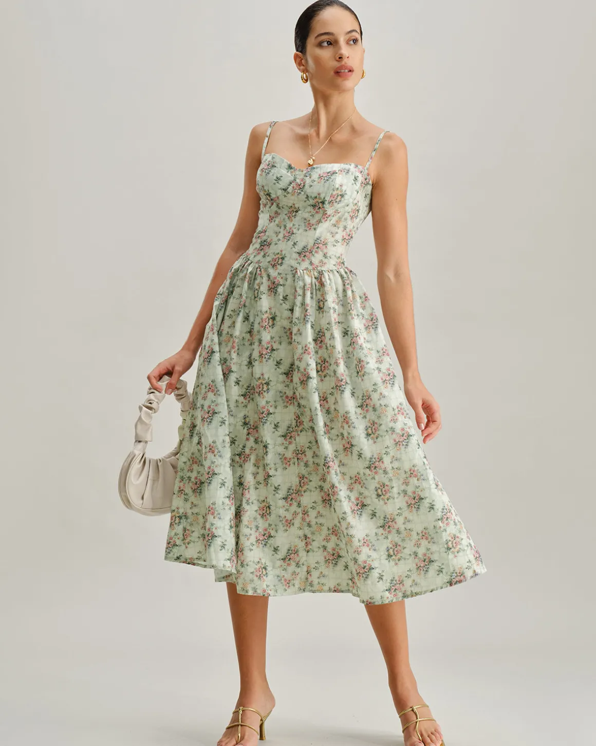 Green Floral Sweetheart Neck Pleated Slip Midi Dress