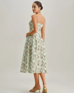 Green Floral Sweetheart Neck Pleated Slip Midi Dress