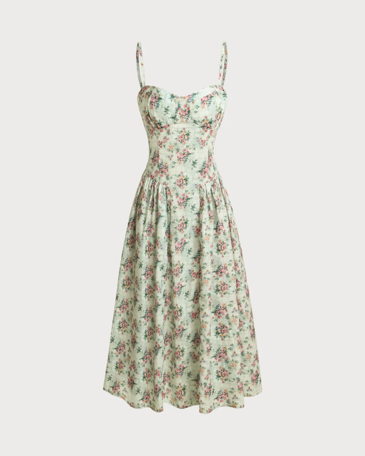 Green Floral Sweetheart Neck Pleated Slip Midi Dress
