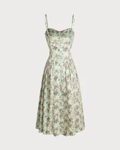 Green Floral Sweetheart Neck Pleated Slip Midi Dress