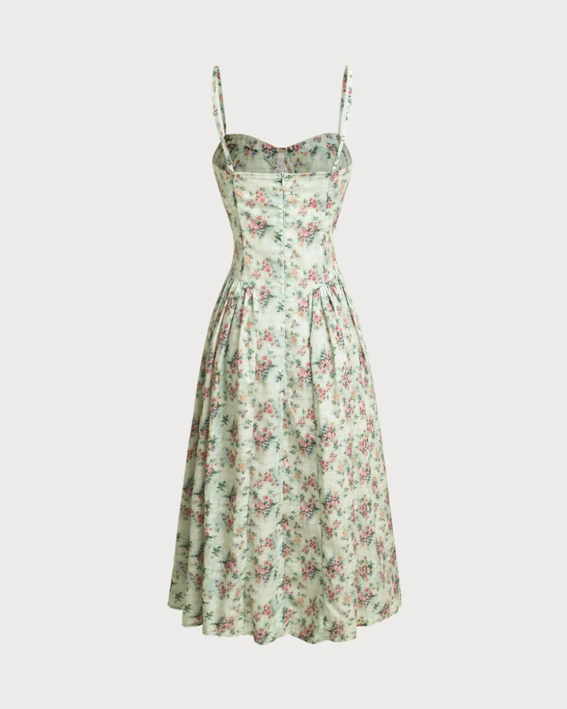 Green Floral Sweetheart Neck Pleated Slip Midi Dress