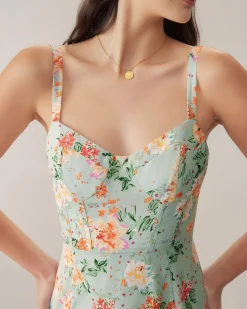 Green Floral Sweetheart Neck Slip Midi Dress