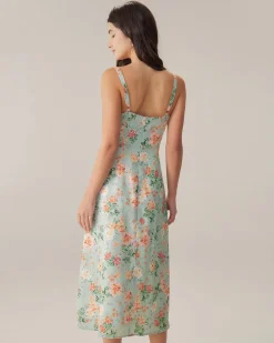 Green Floral Sweetheart Neck Slip Midi Dress