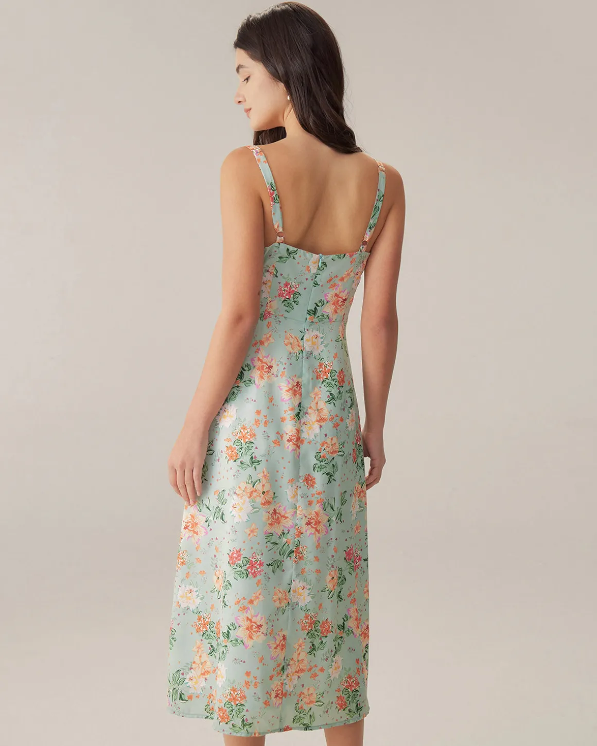 Green Floral Sweetheart Neck Slip Midi Dress