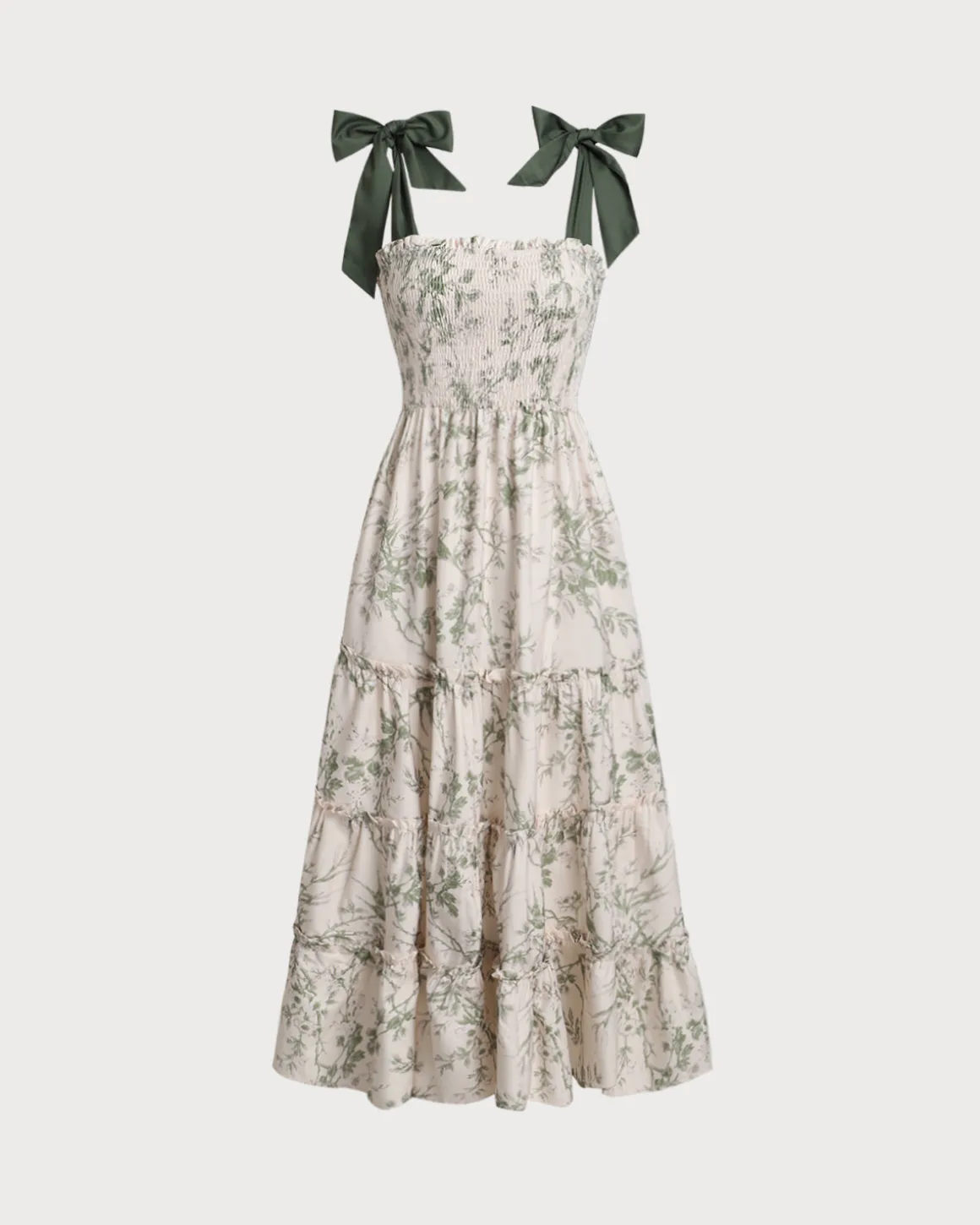 Green Floral Tie Strap Midi Dress