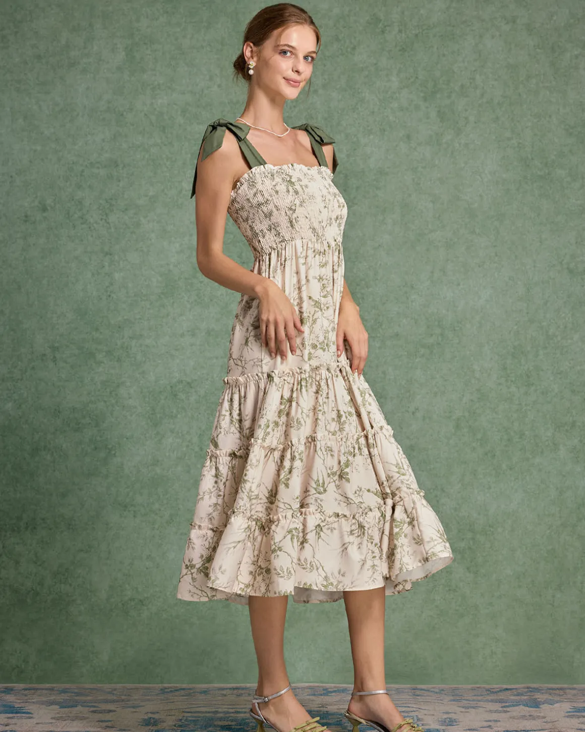 Green Floral Tie Strap Midi Dress