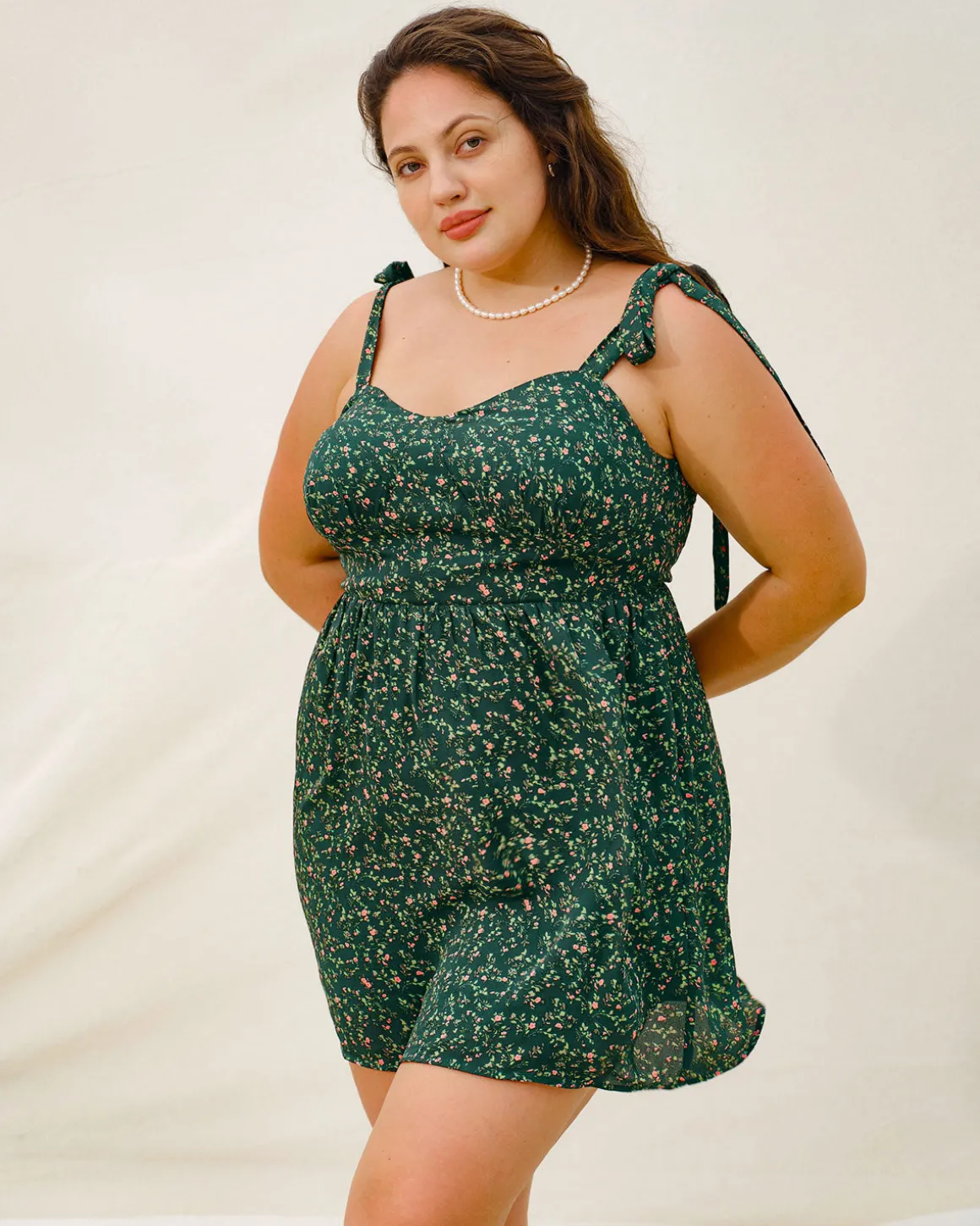 Green Floral Tie Strap Plus Size Mini Dress