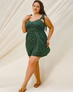 Green Floral Tie Strap Plus Size Mini Dress