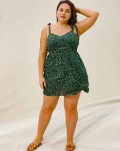 Green Floral Tie Strap Plus Size Mini Dress