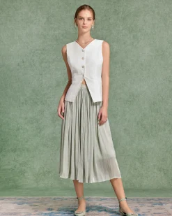 Green Flowy Pleated Midi Skirt