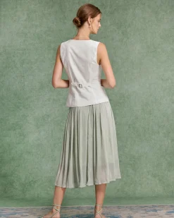 Green Flowy Pleated Midi Skirt