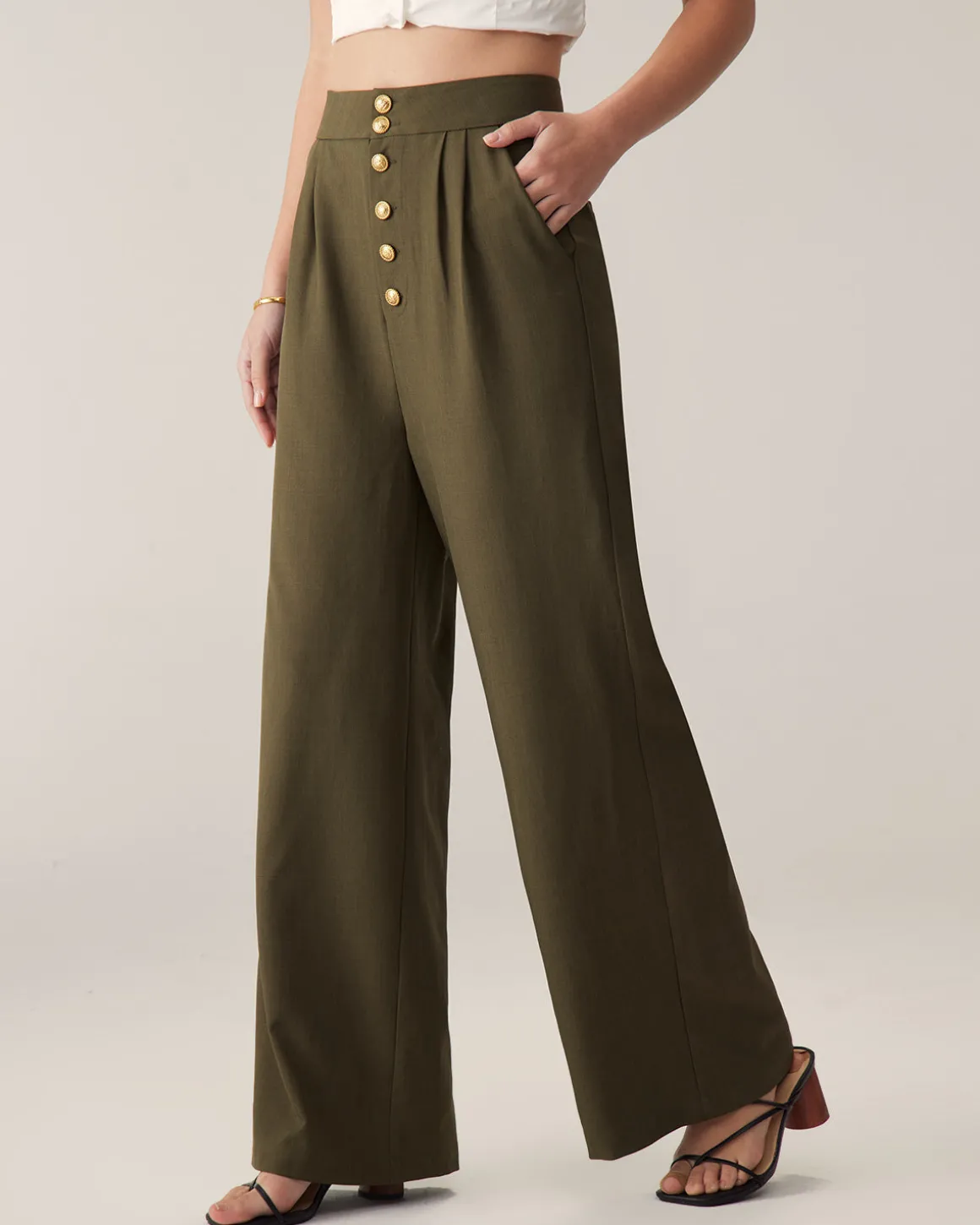 Green High-Waisted Straight Wide-Leg Pants