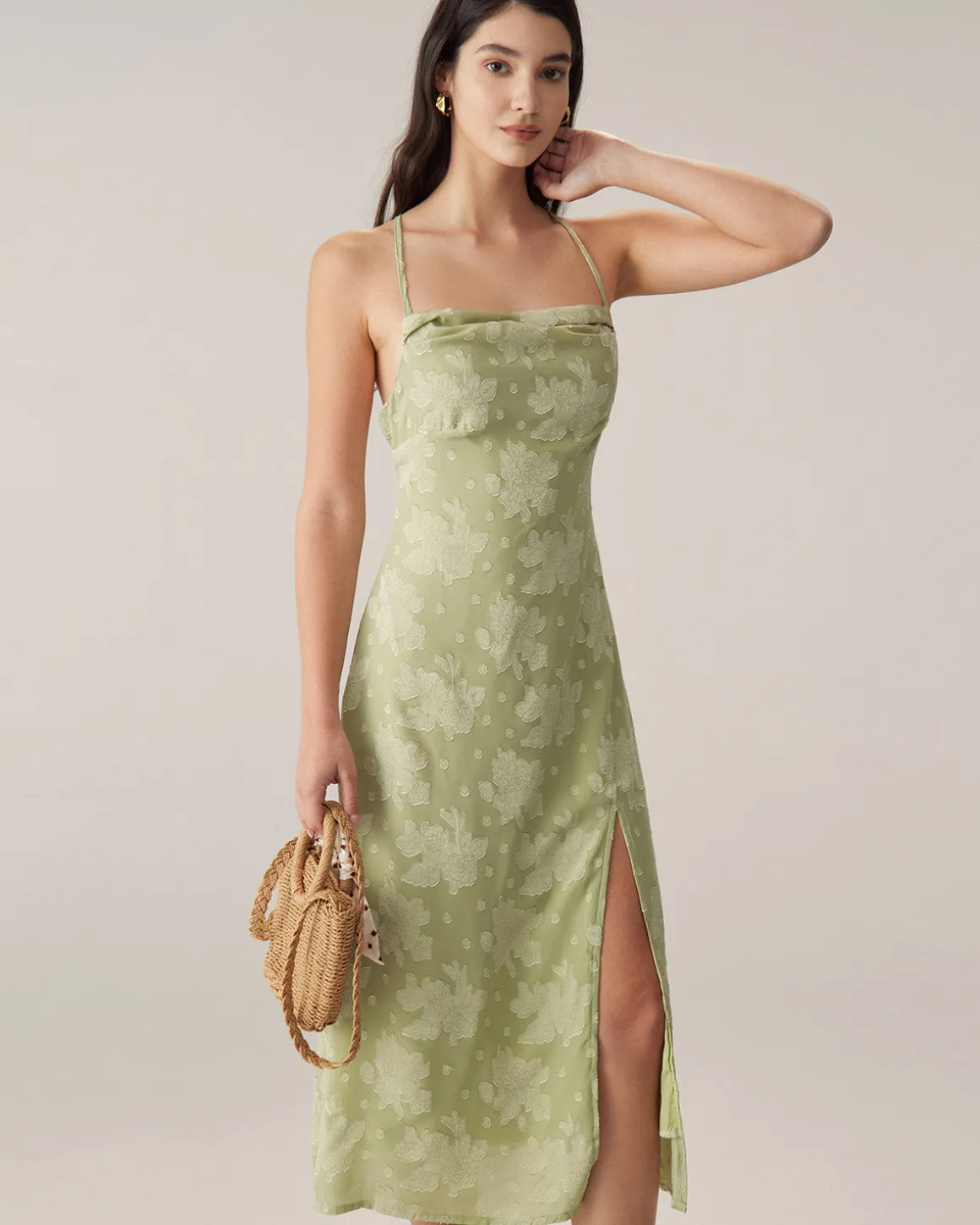 Green Jacquard Backless Slip Midi Dress