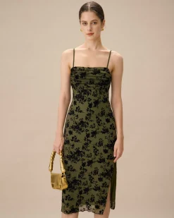 Green Jacquard Ruched Slit Midi Dress