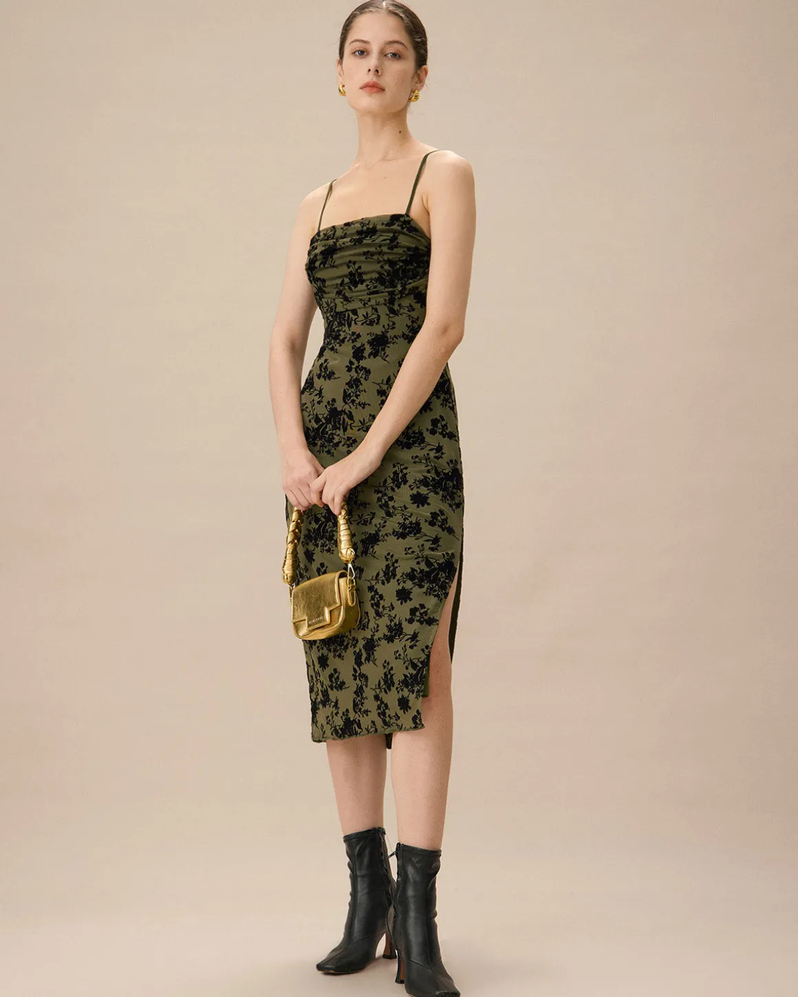 Green Jacquard Ruched Slit Midi Dress