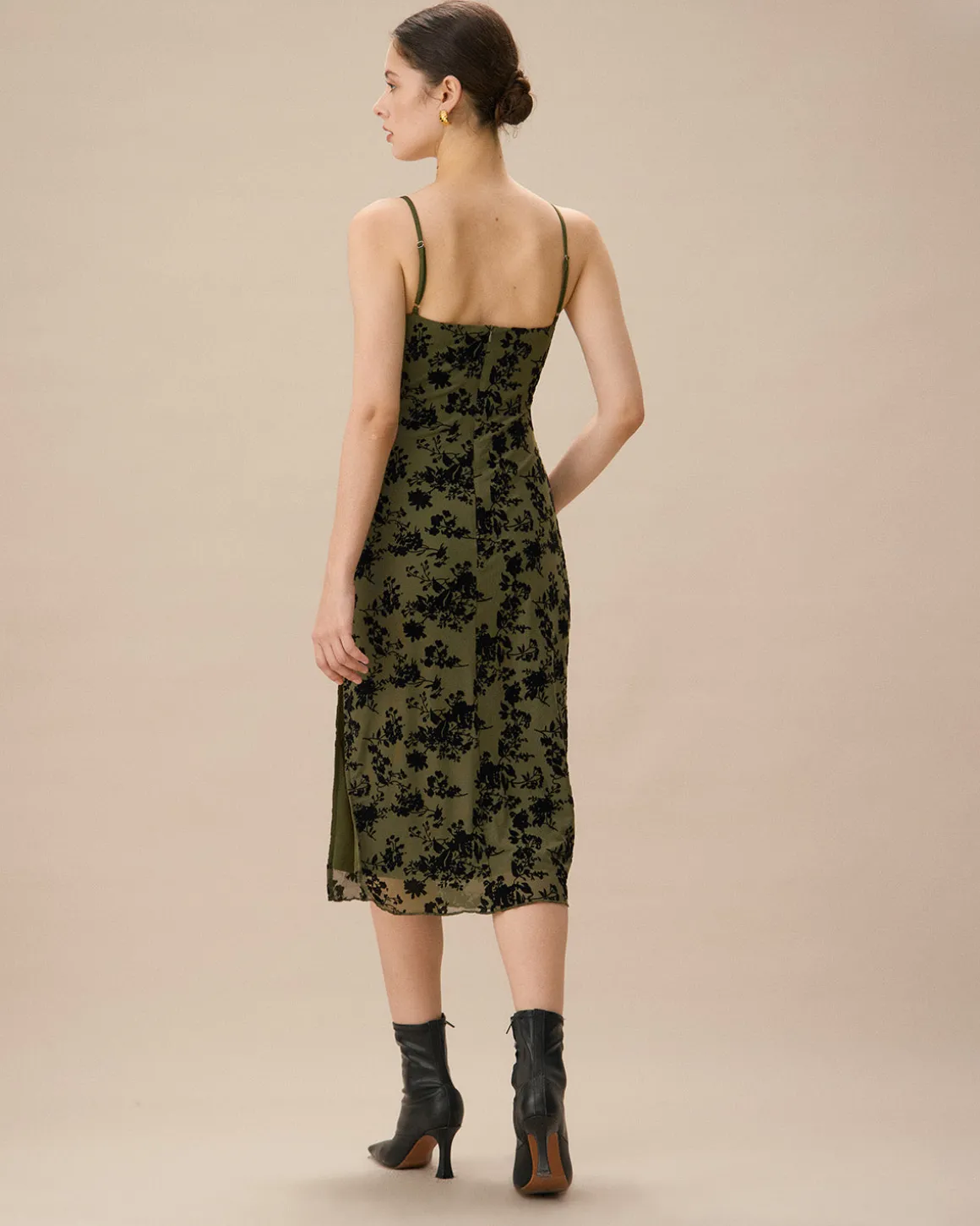Green Jacquard Ruched Slit Midi Dress