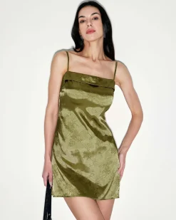 Green Jacquard Satin Slip Mini Dress