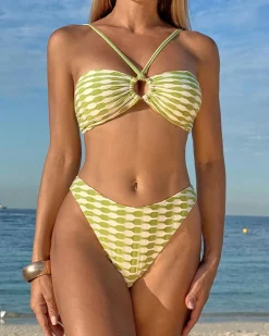 Green Knit Ring Contrast Bikini Set