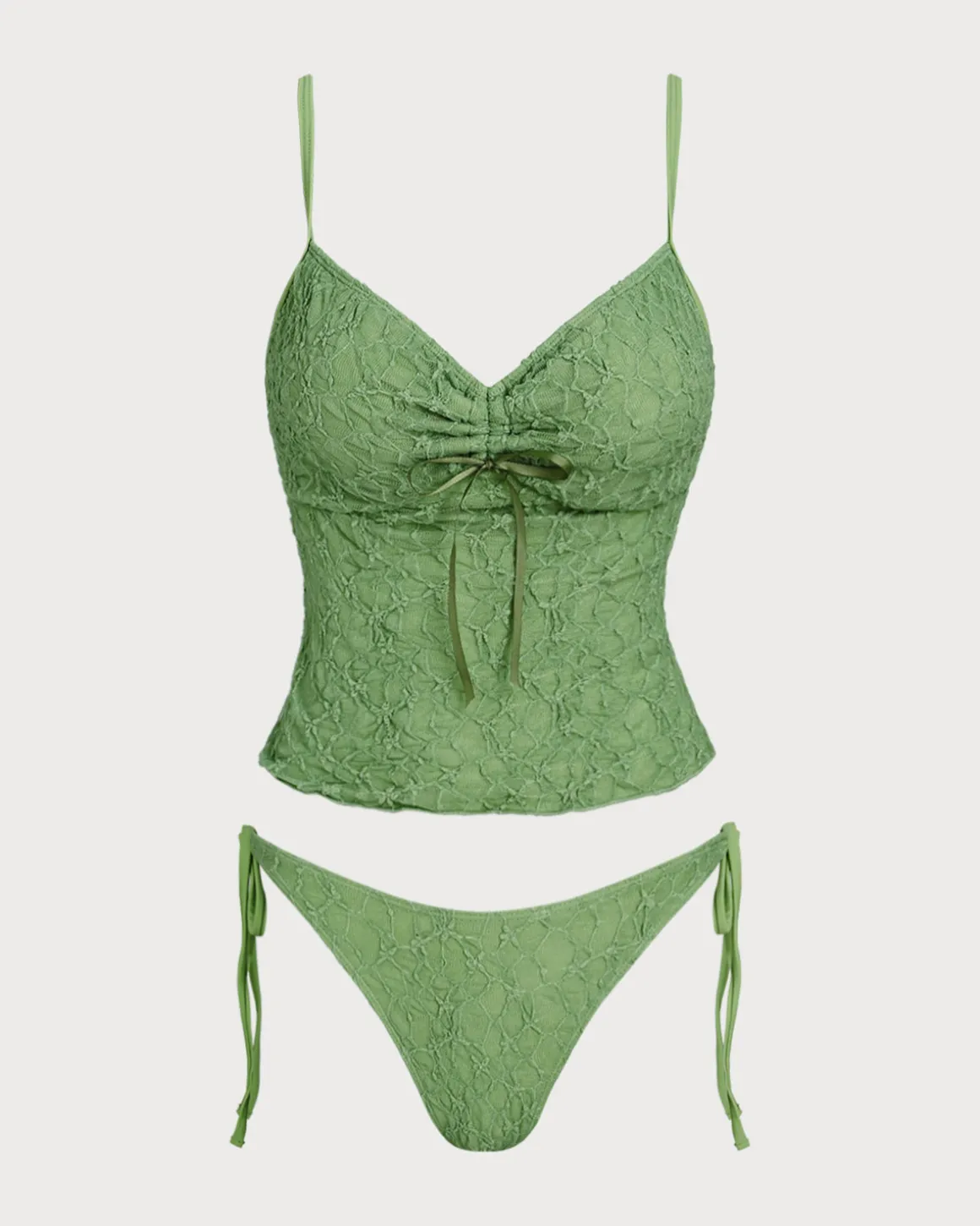 Green Lace Ruched Tankini Swimsuit