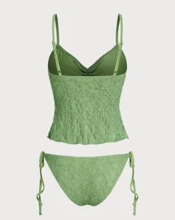 Green Lace Ruched Tankini Swimsuit